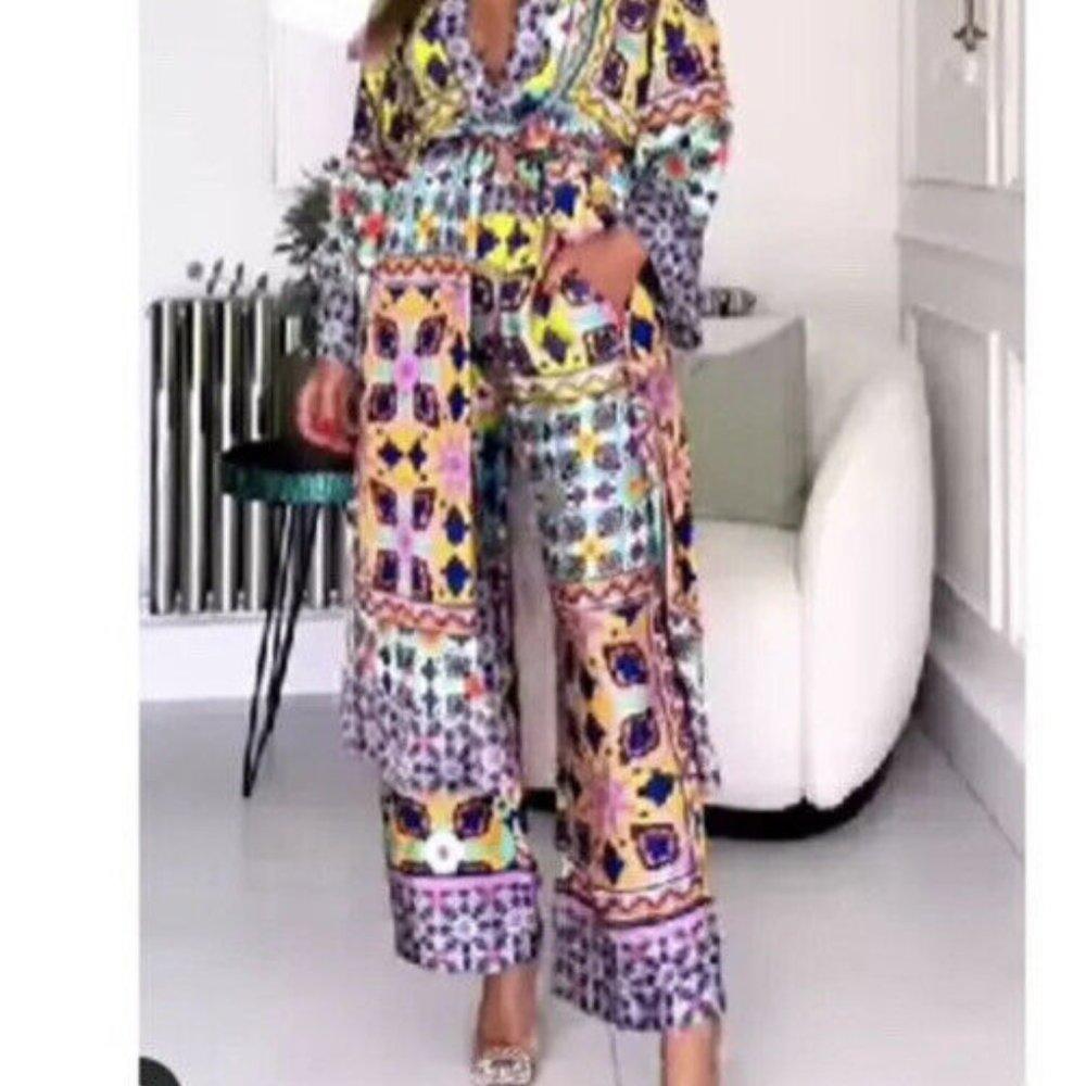 Zara Satin Wide Leg Printed Pants